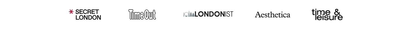 Header of a magazine page displaying logos of various publications: 'Secret London', 'Times', 'Londonist', 'Aesthetica', and 'Time & Tide'.