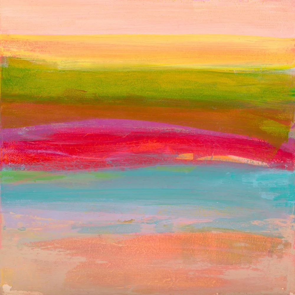 Abstract colorful painting with horizontal strokes of orange, yellow, red, purple, blue, and green hues.