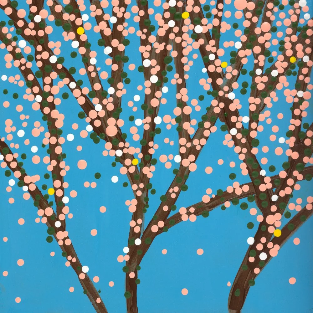 A painting of a tree with dark brown branches on a blue background, decorated with pink and white dots resembling blossoms or leaves.