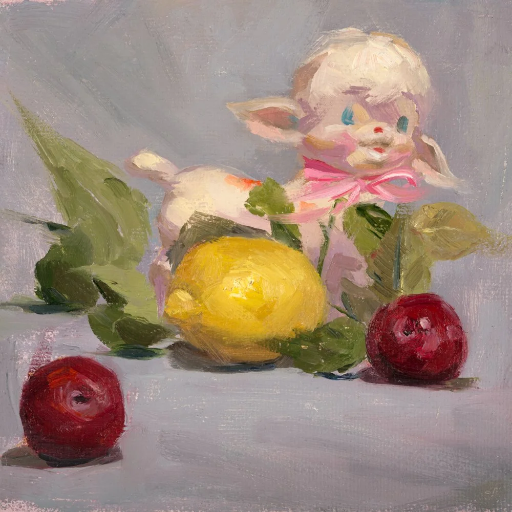 A realistic painting of a young woman with brown hair, fair skin, and a thoughtful expression.