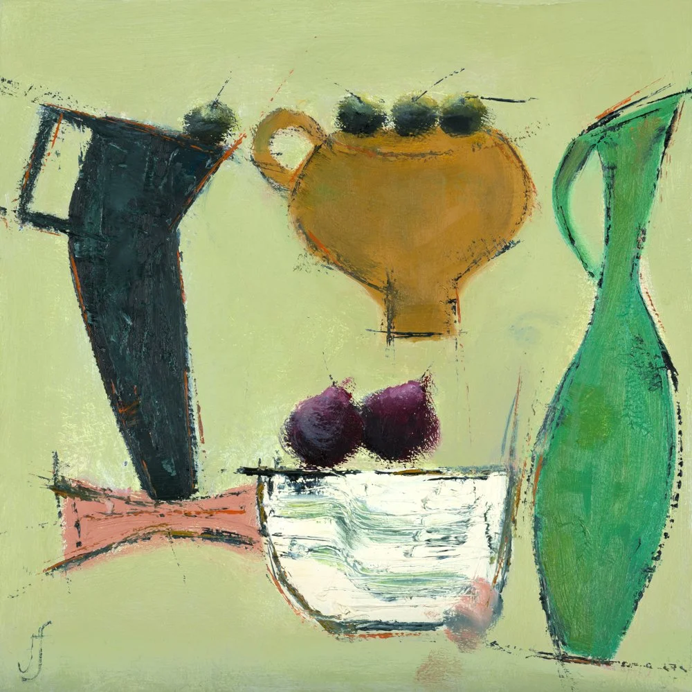 Abstract painting of three vases with flowers, featuring bold colors and textured brushstrokes.