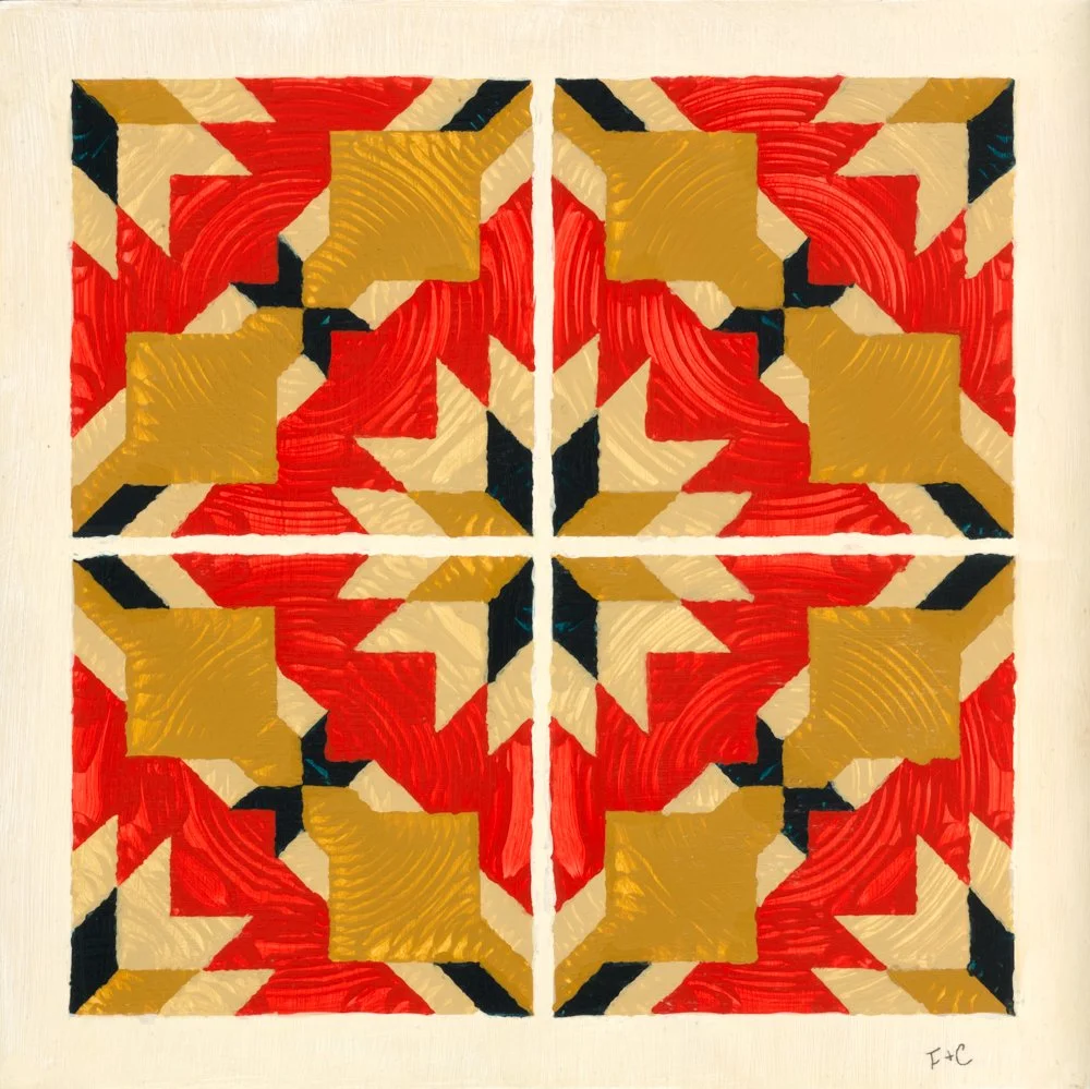 Abstract painting with yellow background, black and purple swirling lines forming geometric shapes.