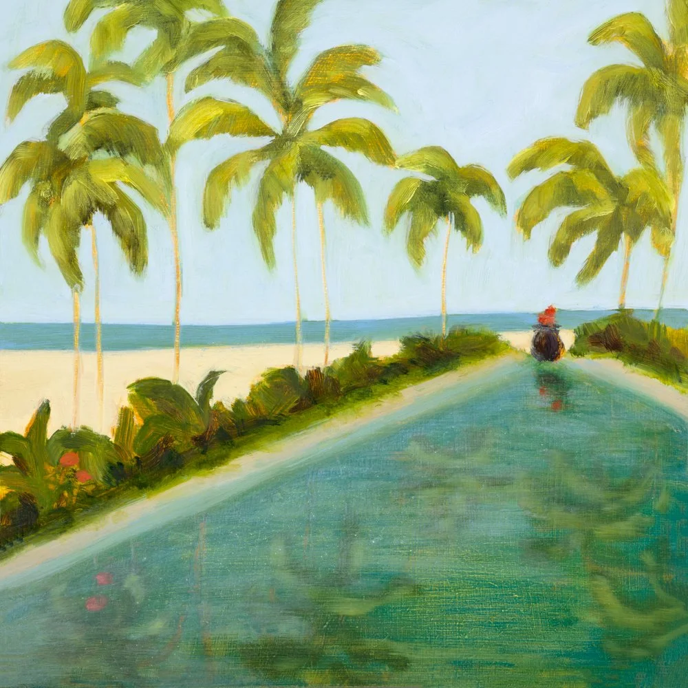 A colorful landscape painting depicting green and yellow fields with rolling hills and mountains in the background under a light blue sky.