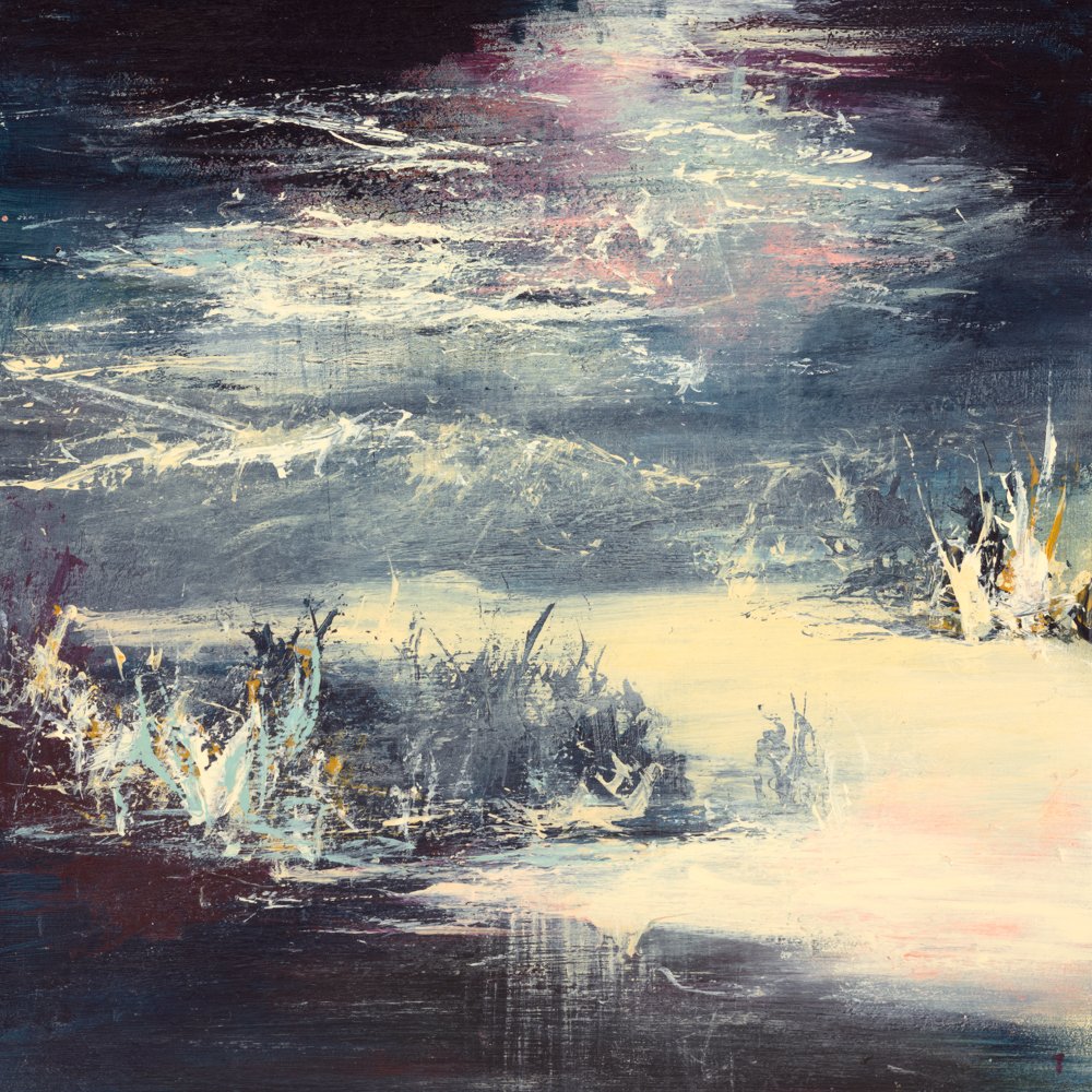 Abstract landscape painting of a river with dark foliage and trees on both sides, under a cloudy sky with hints of yellow and light blue, and hints of yellow in the foreground.
