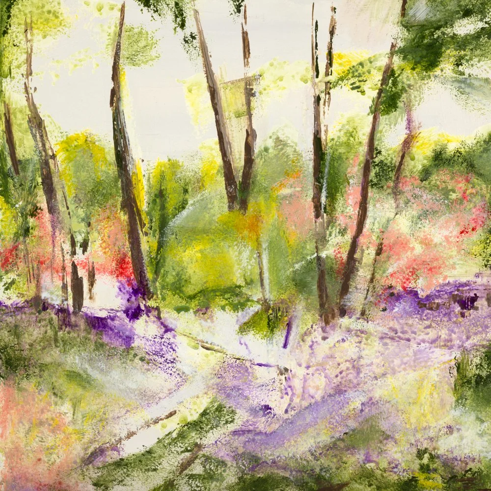 A colorful painting of a forest scene with trees in green, yellow, and orange hues, some branches, and a soft, blurred background.