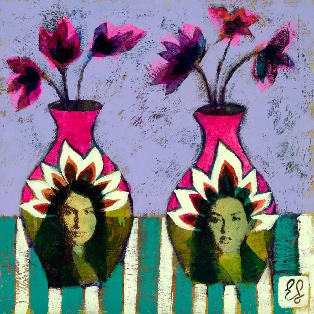 Two spray bottles with pink flowers emerging from their openings against a vibrant yellow-green background.