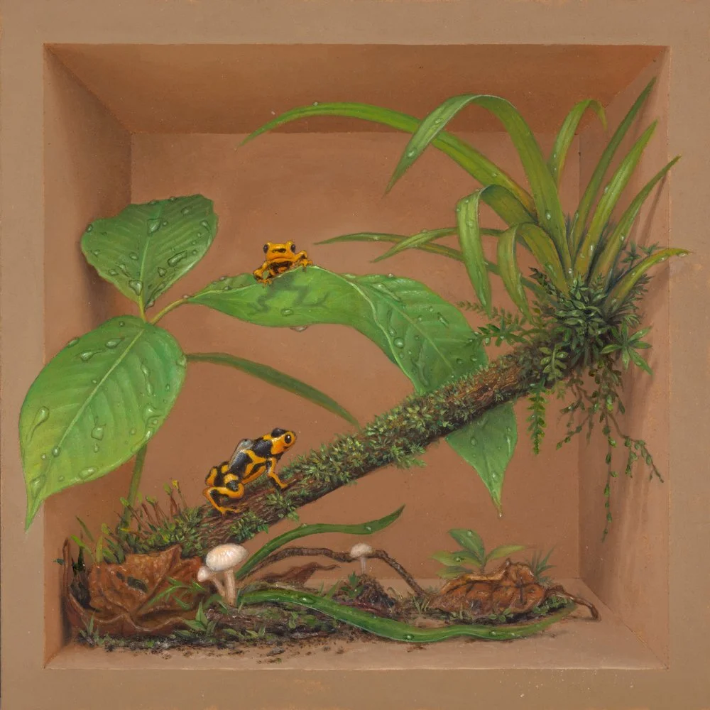 A colorful painting of a landscape with a river, wildlife, and cityscape in the background. The scene features a deer on a tree branch, two elephants in the water, a mermaid, and various underwater creatures including a crab, a lobster, a turtle, and fish. The painting has a decorative border with intricate patterns.