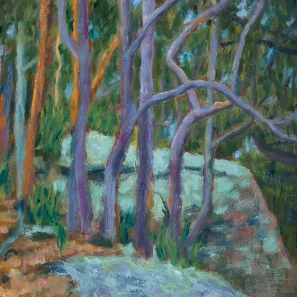 A painting of a scenic outdoor pathway lined with tall green cypress trees on both sides, with a mountain in the background under a partly cloudy sky.