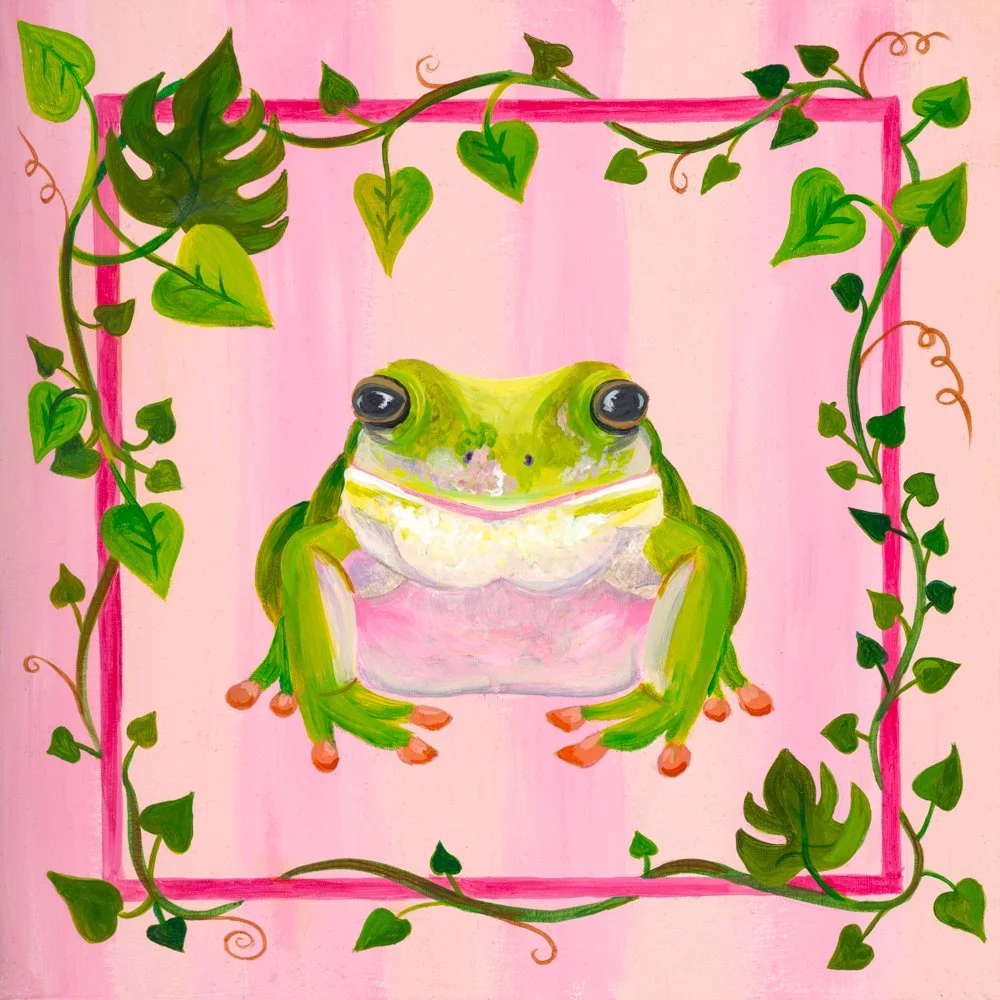 A painting of a ladybug with a red shell and black spots, on a light yellow background.