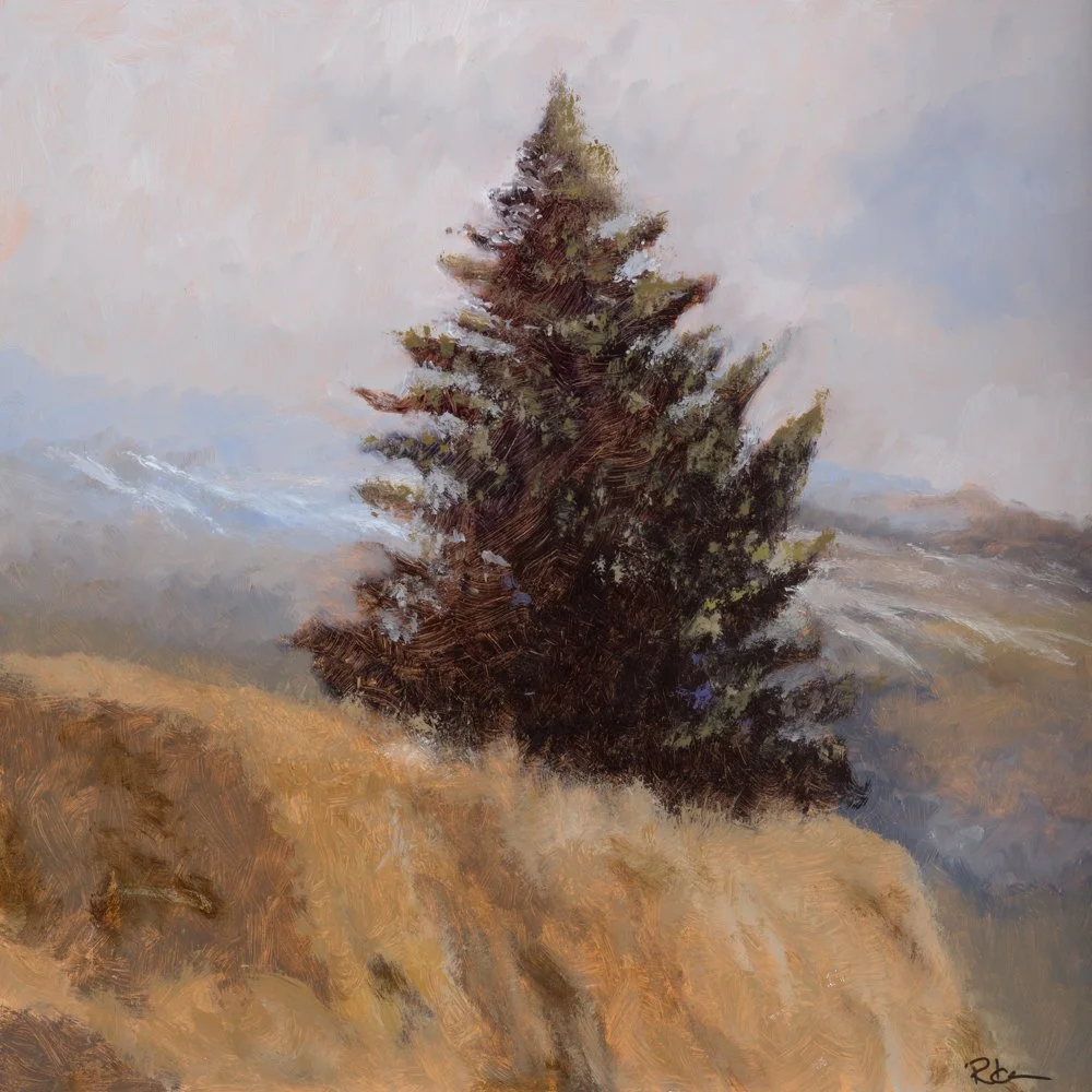 Painting of a large deciduous tree with orange and yellow leaves in a field with a blue sky in the background.