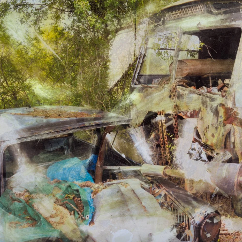 An overgrown abandoned truck in a forest, with trees and leaves around it and rust on the vehicle.