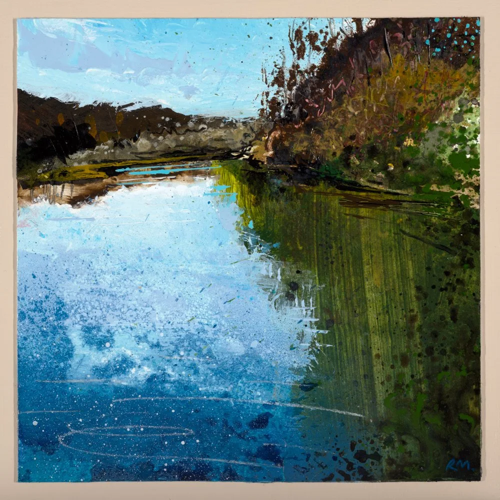 Black and white abstract painting of a large tree near a body of water.