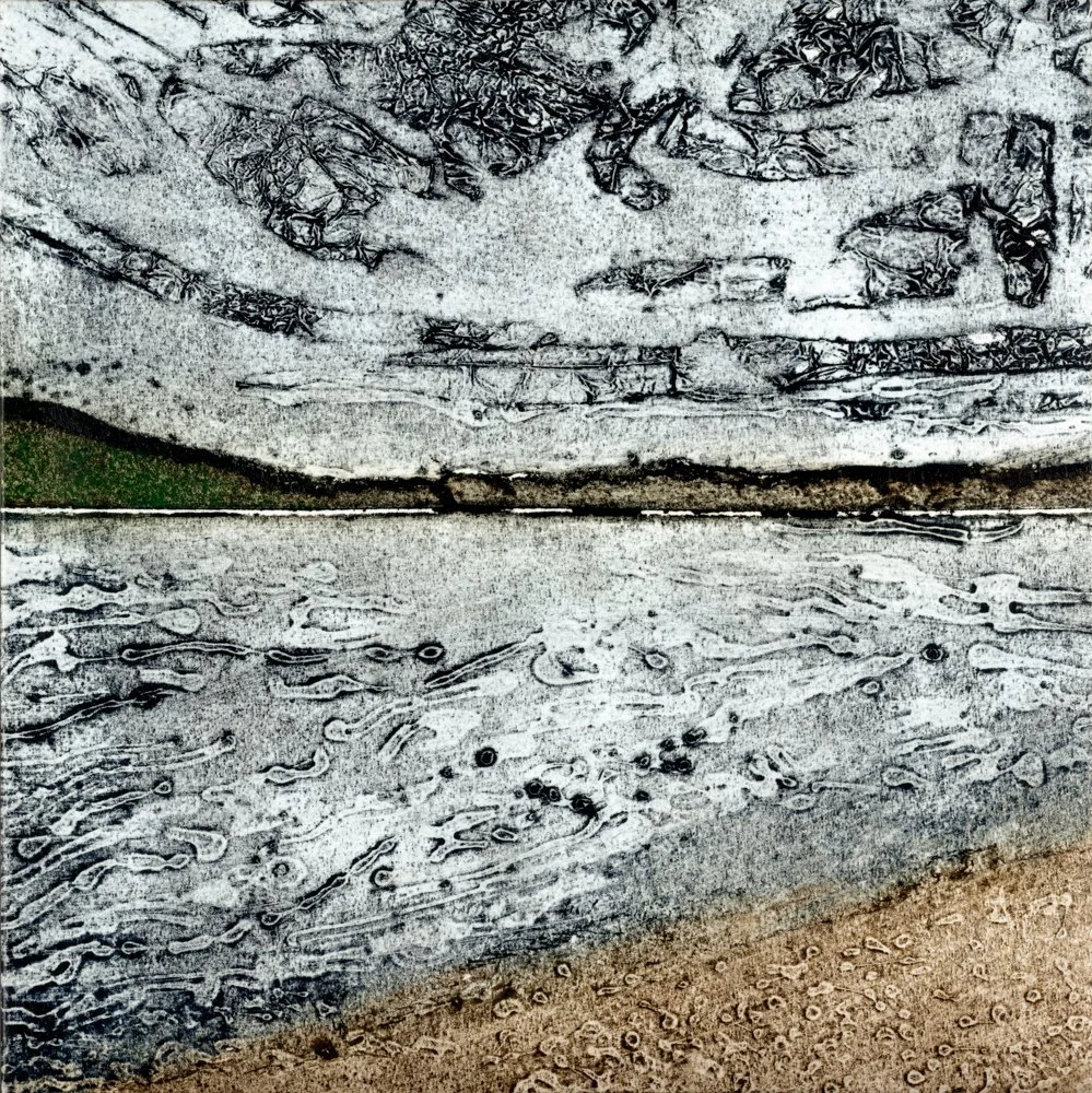 Close-up of an abstract textured artwork with curved lines in blue, orange, and beige colors.