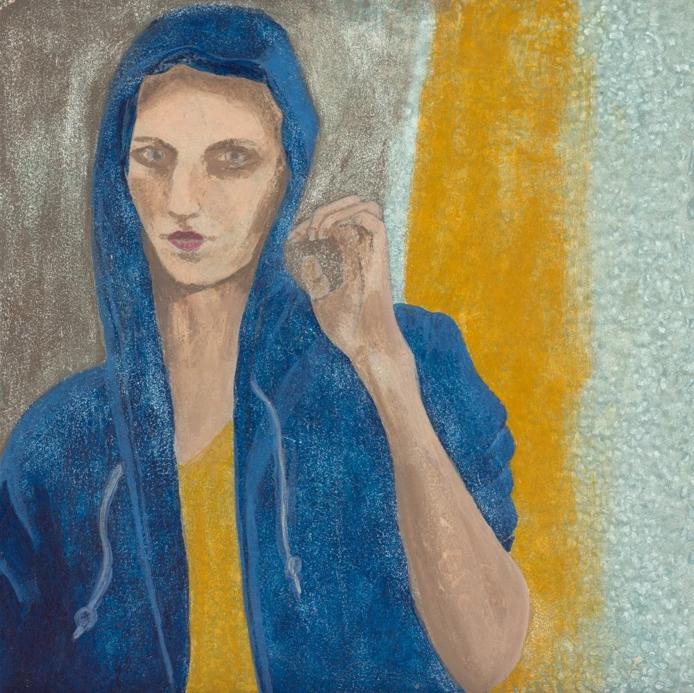 Abstract painting of a naked woman with blue hair, sitting with her knees pulled up and head resting on her arm, against a textured multicolored background.