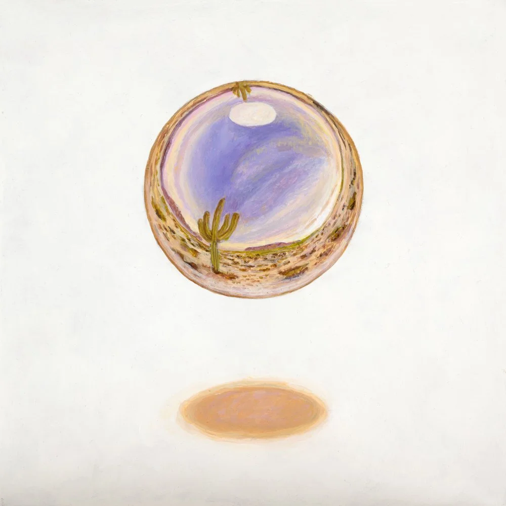 A painted depiction of a red apple with a landscape scene inside, floating above a white background and casting a shadow.