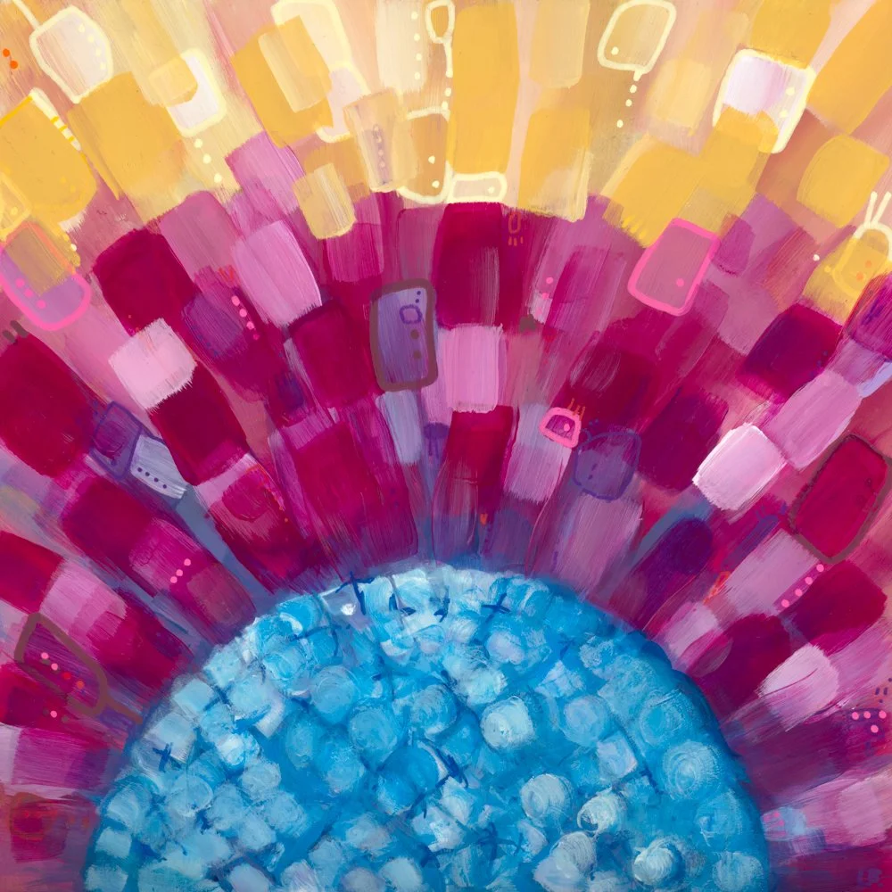 Abstract painting with a red background, black shape, and blue graffiti-style marks and scribbles