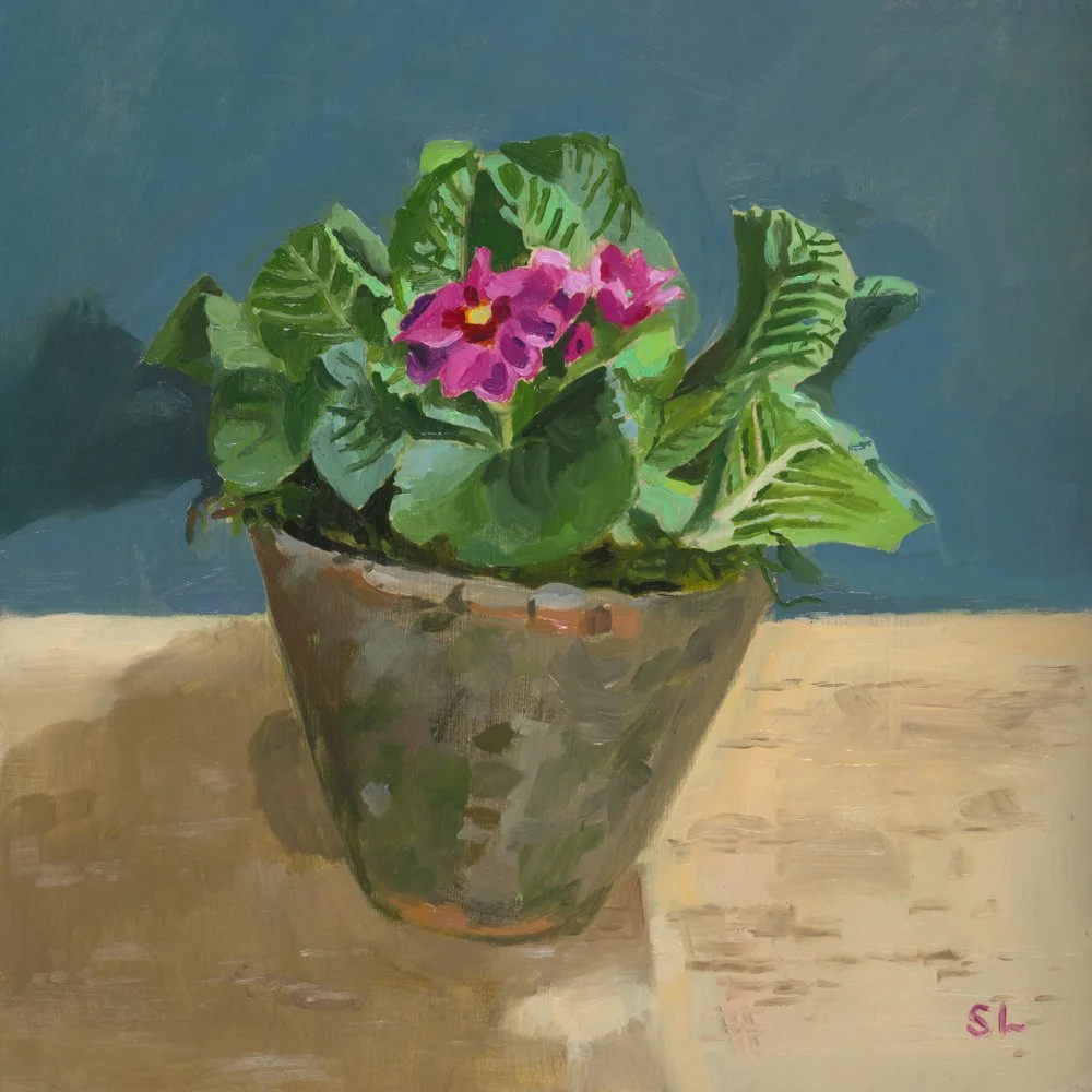 A colorful impressionist painting of a lush garden with greenery, orange and white flowers, a pathway, and a house in the background under a partly cloudy sky.