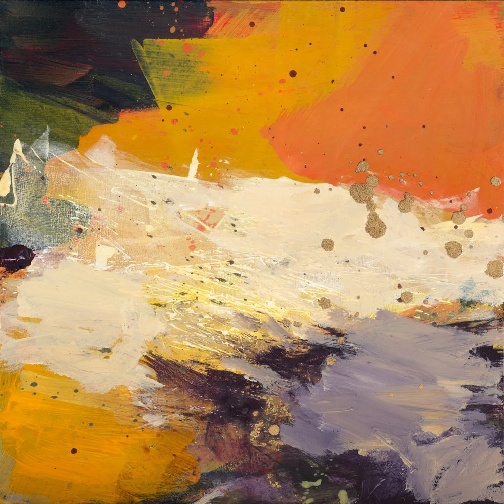 Abstract painting with vibrant brushstrokes of orange, pink, blue, and red hues.