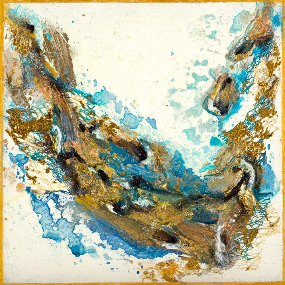 Abstract painting with gold, blue, green, and brown textured paint on canvas.