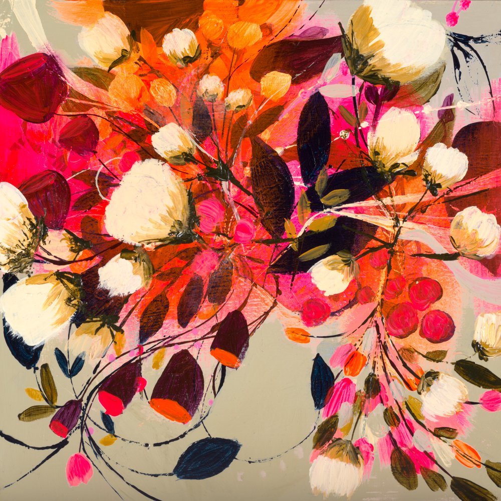 Abstract landscape painting of a river with dark foliage and trees on both sides, under a cloudy sky with hints of yellow and light blue, and hints of yellow in the foreground.