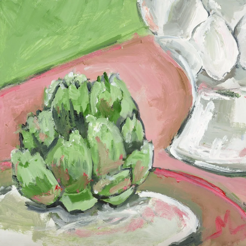 Painting of a cocktail glass with a lemon wedge and olive garnish, a lemon on the surface next to the glass, against a blue background.