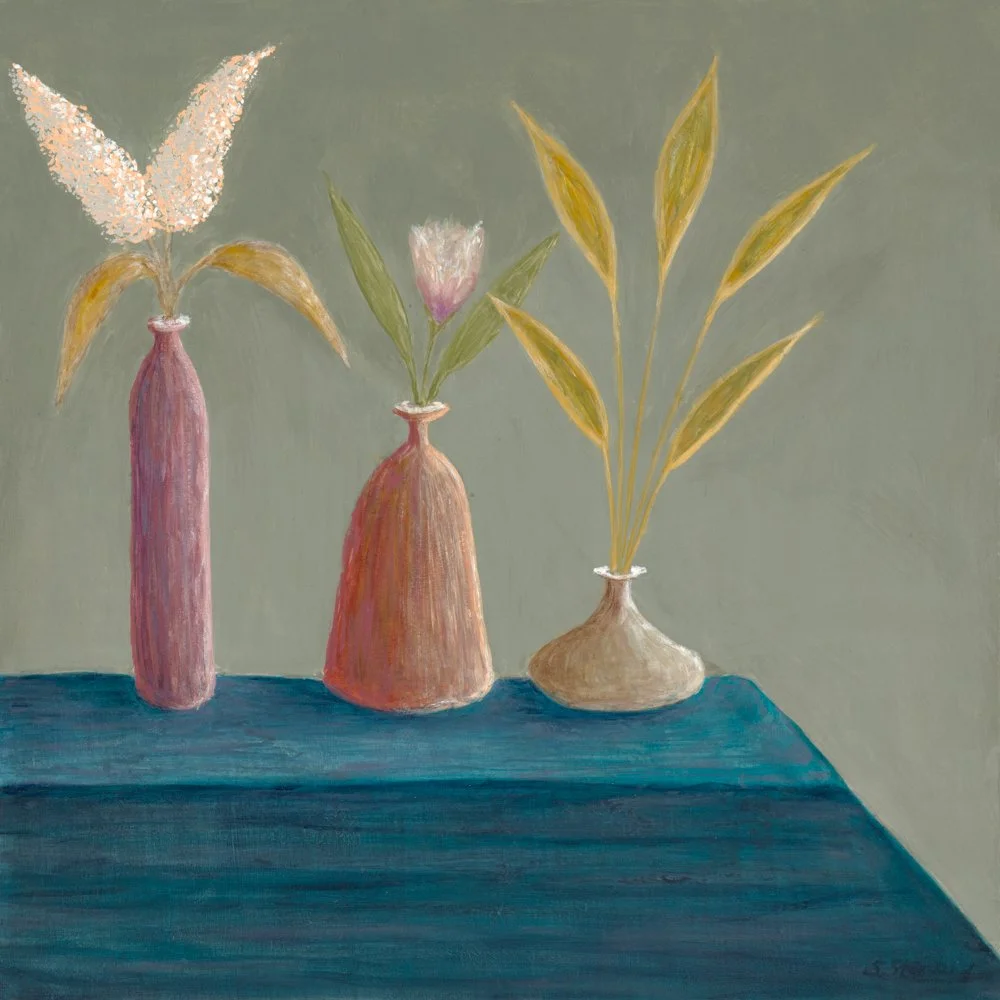 A colorful abstract painting of a woman with blue eyes and blonde hair, sitting on a red chair with a green background, holding a phone in her right hand.