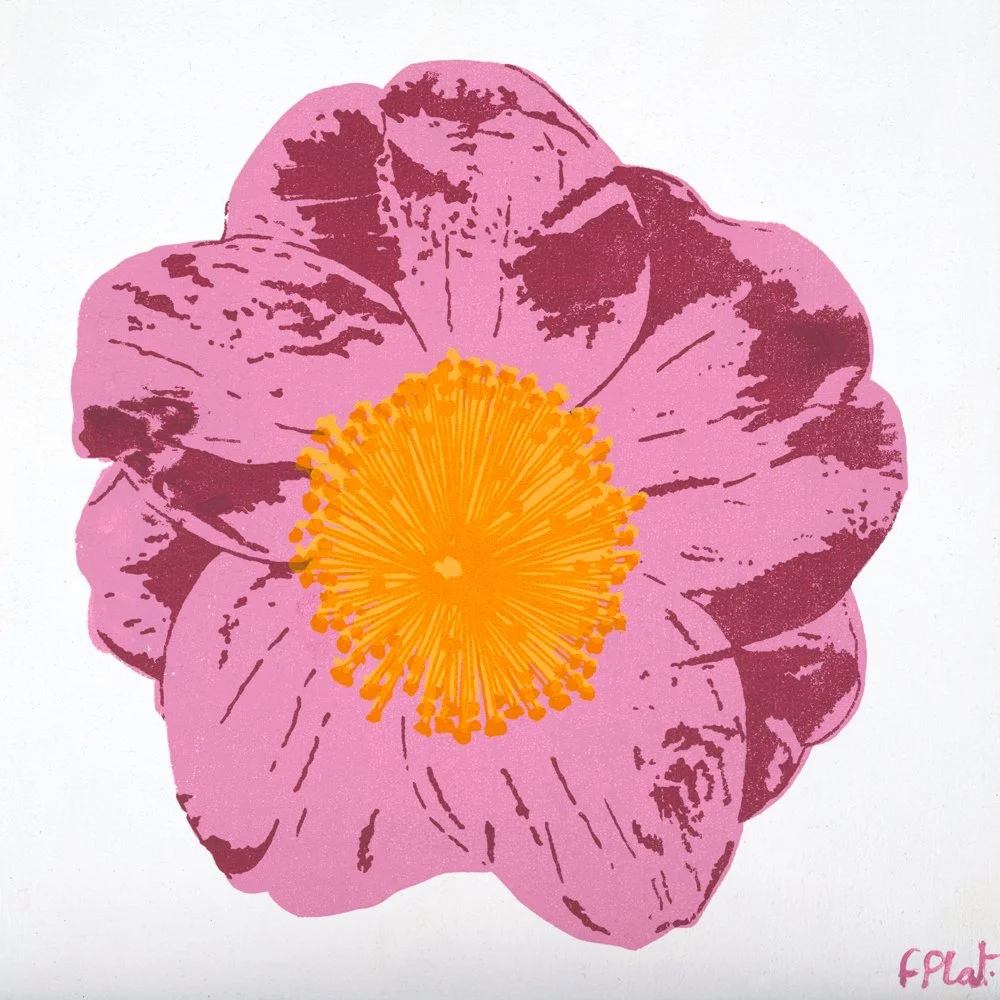 Painting of three red poppies with green stems on a green background.