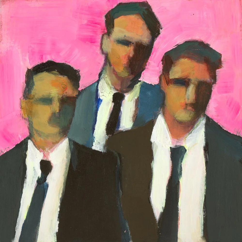 An abstract painting of two men in suits standing against a red background, with their faces not detailed.