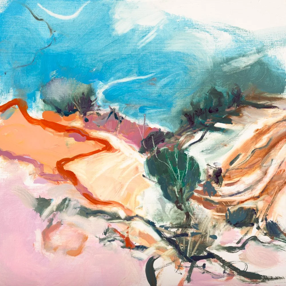 Abstract landscape painting with soft pastel colors, including yellow, pink, green, brown, and blue, depicting mountains, sky, and vegetation.