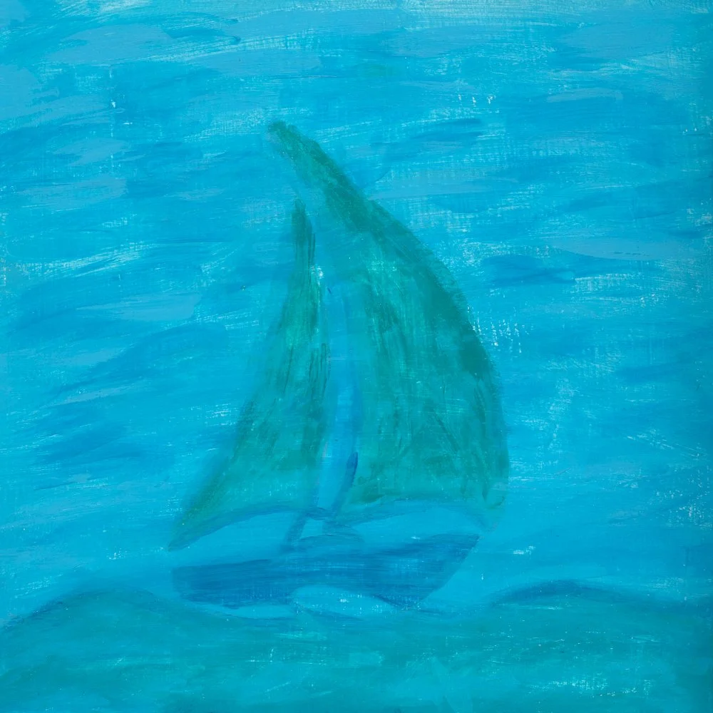 Abstract painting with a peach-colored upper section, transitioning to deep blue, green, and purple swirling patterns in the lower section, with orange and brown framing on the sides.