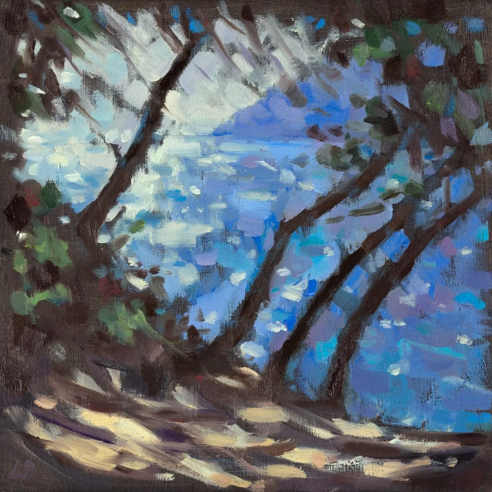 An impressionistic painting of a person walking through a lush, green forest.