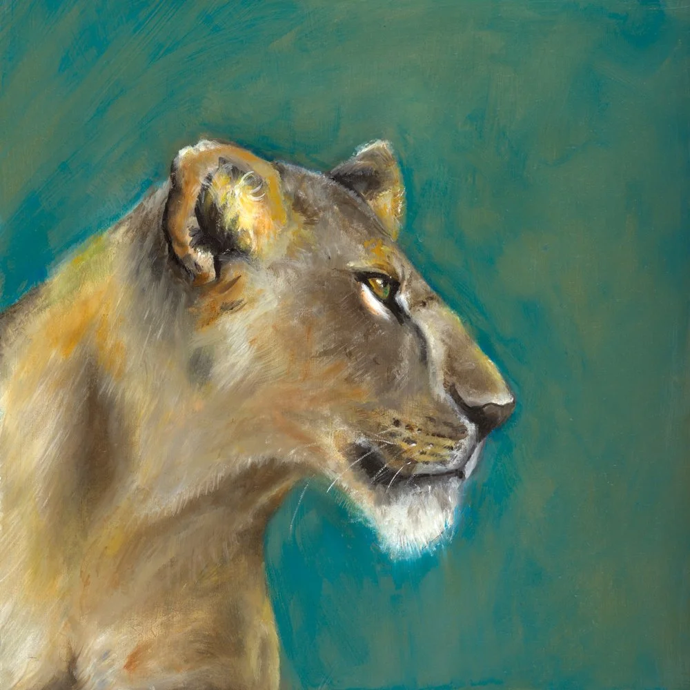 A painting of a giraffe's head against a blue background.