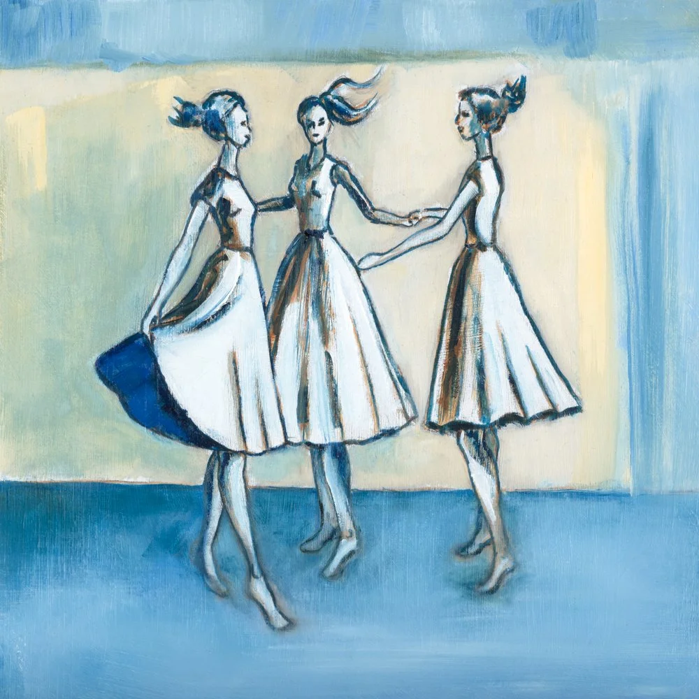 A painting of seven women in white ballet dresses dancing on stage against a dark background.