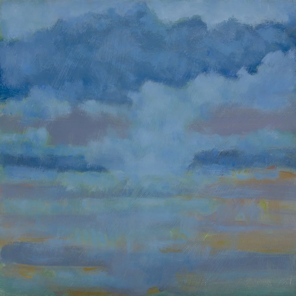 Abstract painting with bold strokes in dark green, orange, and black, suggesting a landscape or natural scene.