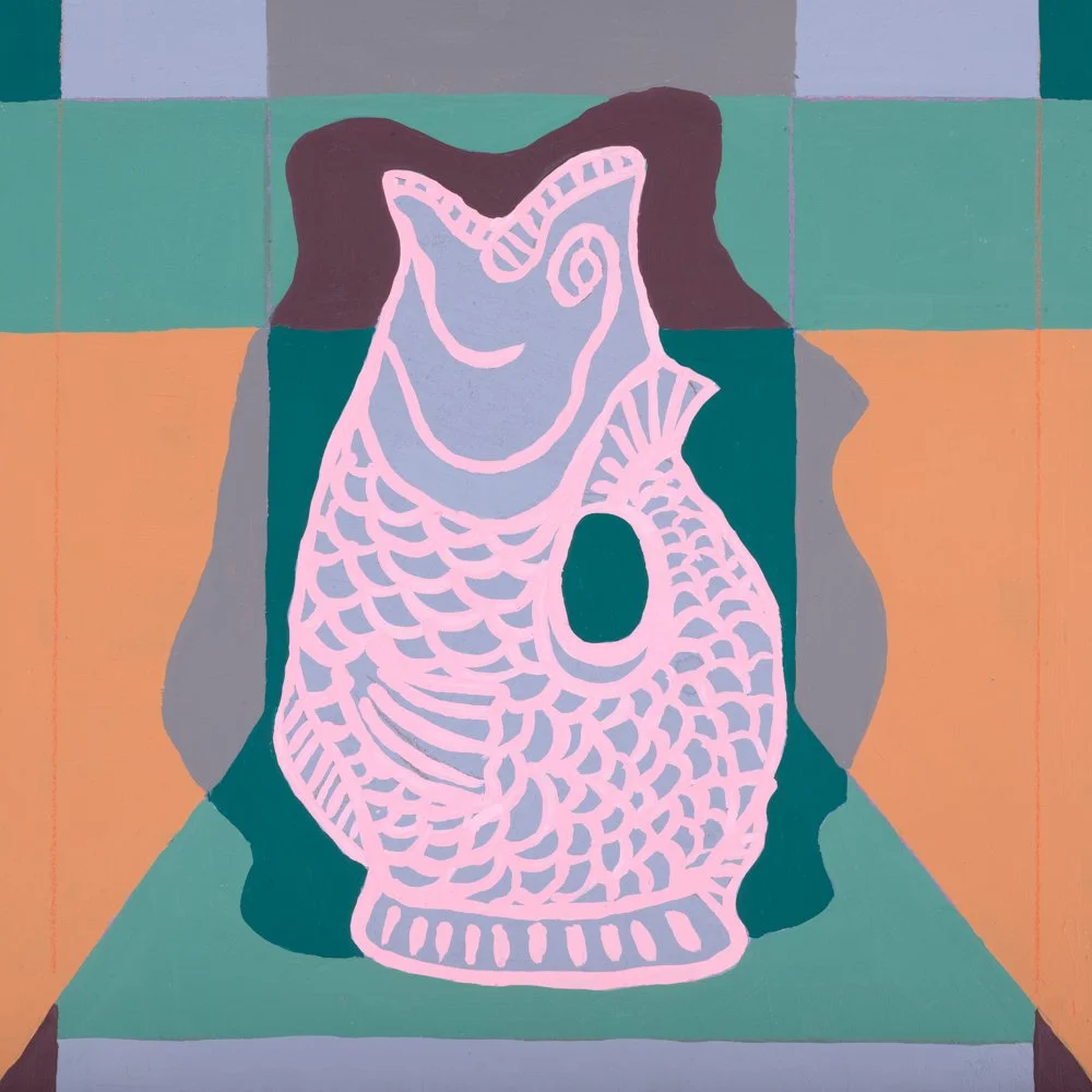 Colorful abstract drawing of a bowl filled with fruit, including a banana, orange, and watermelon, set against a dotted background.