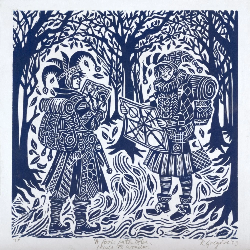 Two adventurers in a forest examining maps and documents, dressed in elaborate, patterned clothing, with trees and foliage in the background.