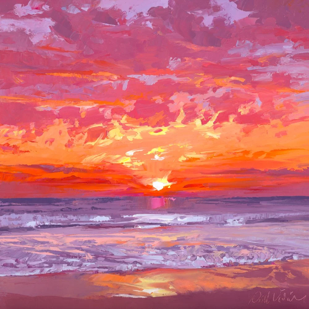 An abstract painting of a colorful sunset over the ocean with dramatic clouds and vibrant hues.