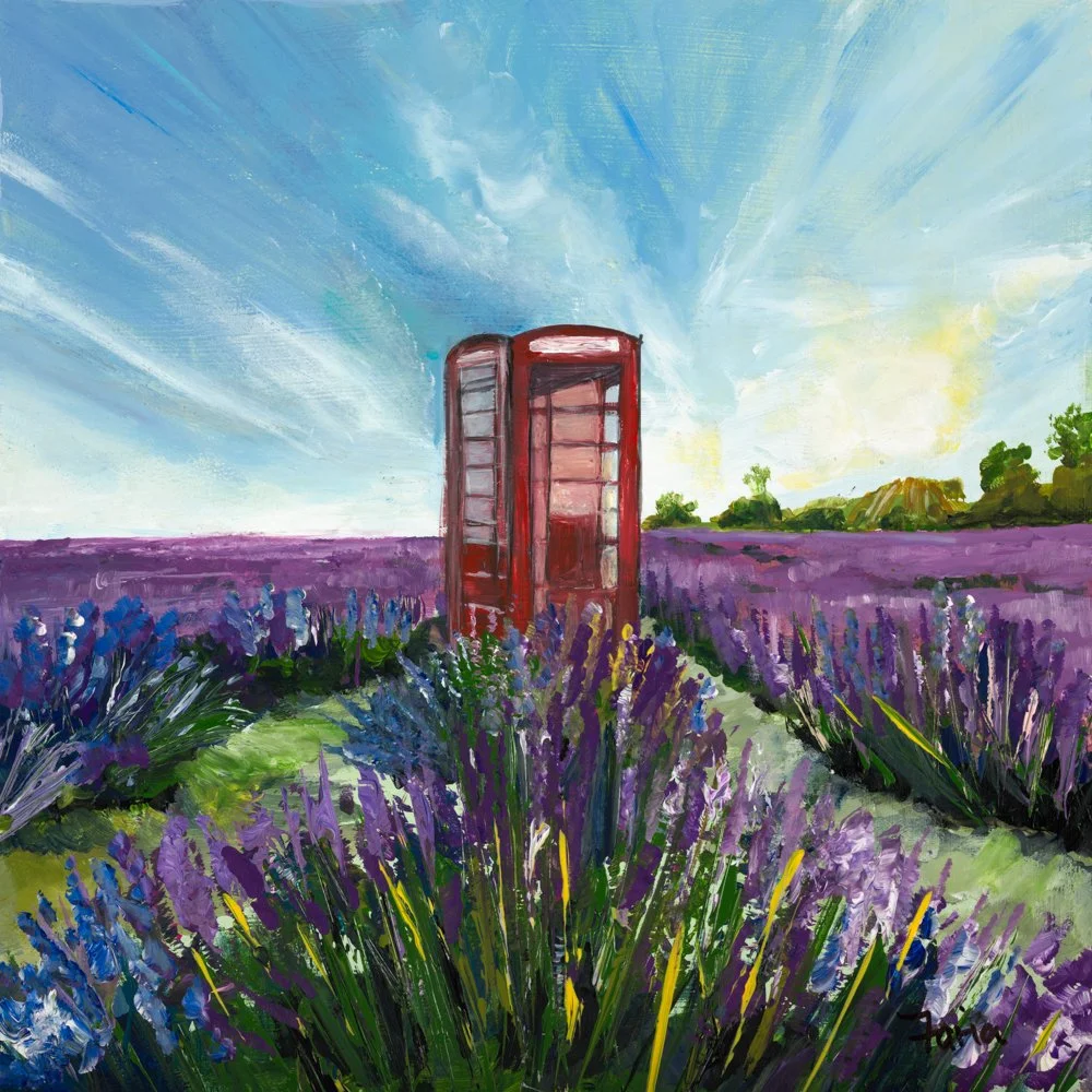 An impressionist painting of a wooden park bench with a bouquet of pink and white flowers wrapped in brown paper resting on it, surrounded by purple and pink flowers and green foliage.