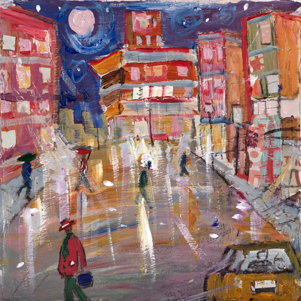 An abstract painting of a city street scene at sunset, with a large domed building and skyscrapers, cars, and pedestrians.