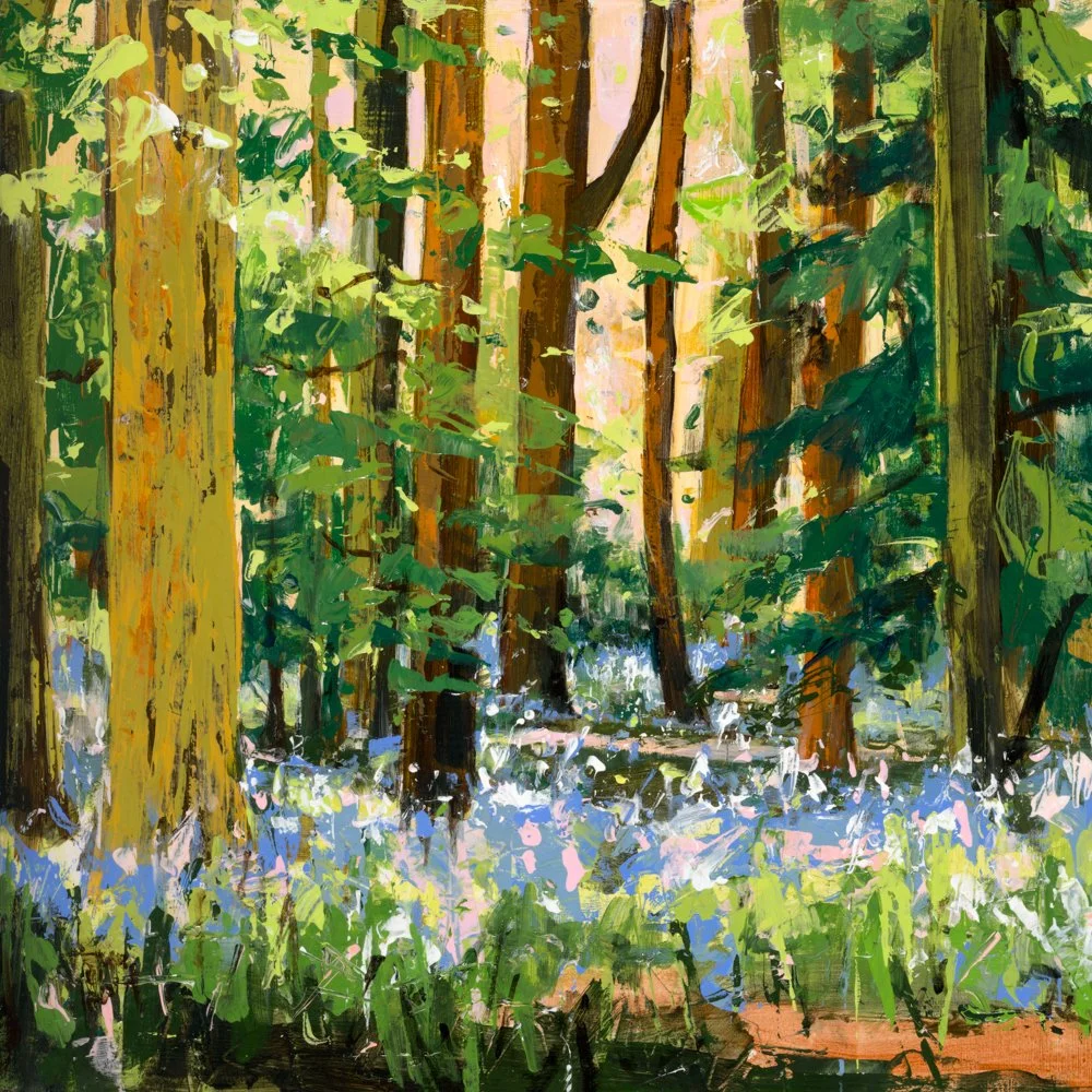 A painting of a forest scene with tall trees, green foliage, and purple wildflowers, with sunlight filtering through the leaves and two brown logs on the forest floor.