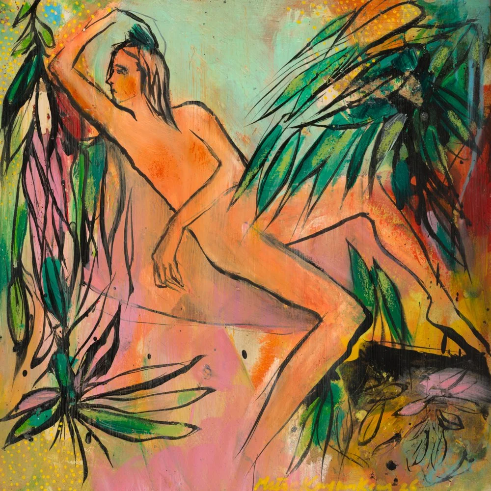 Colorful abstract artwork with leaf outlines, splashes of bright colors like pink, yellow, blue, green, and purple, and black paint splatters and strokes.