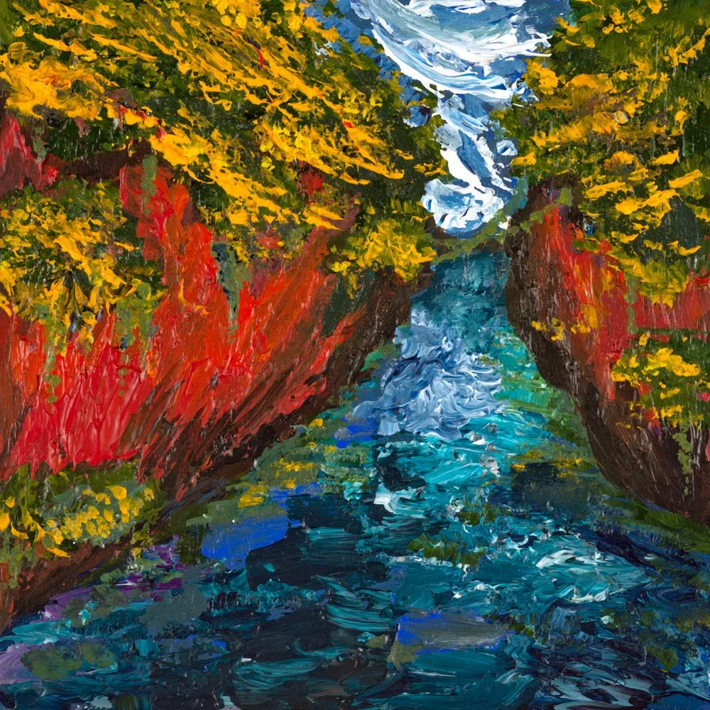 An impressionist-style painting of a white swan gliding on a dark pond, surrounded by red, pink, and purple flowers on lush green foliage.