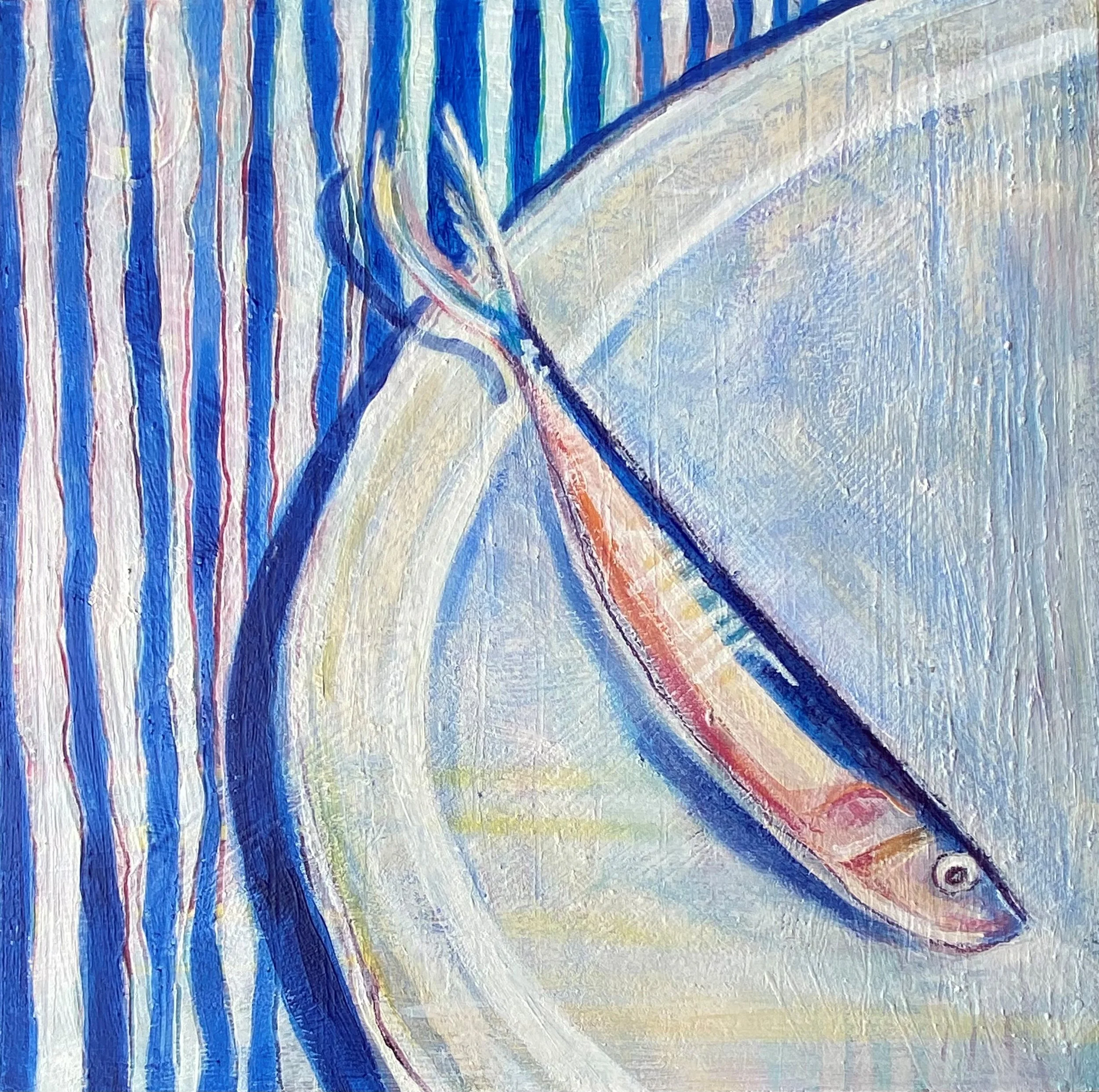 Colorful abstract painting of a fish on a plate with water and bubbles.