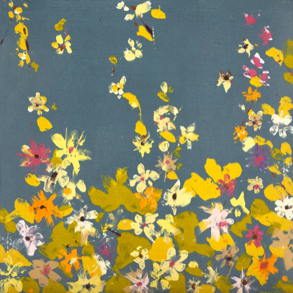 Close-up of colorful painted flowers with pink, orange, and purple petals, and green leaves with black outlines on a textured surface.