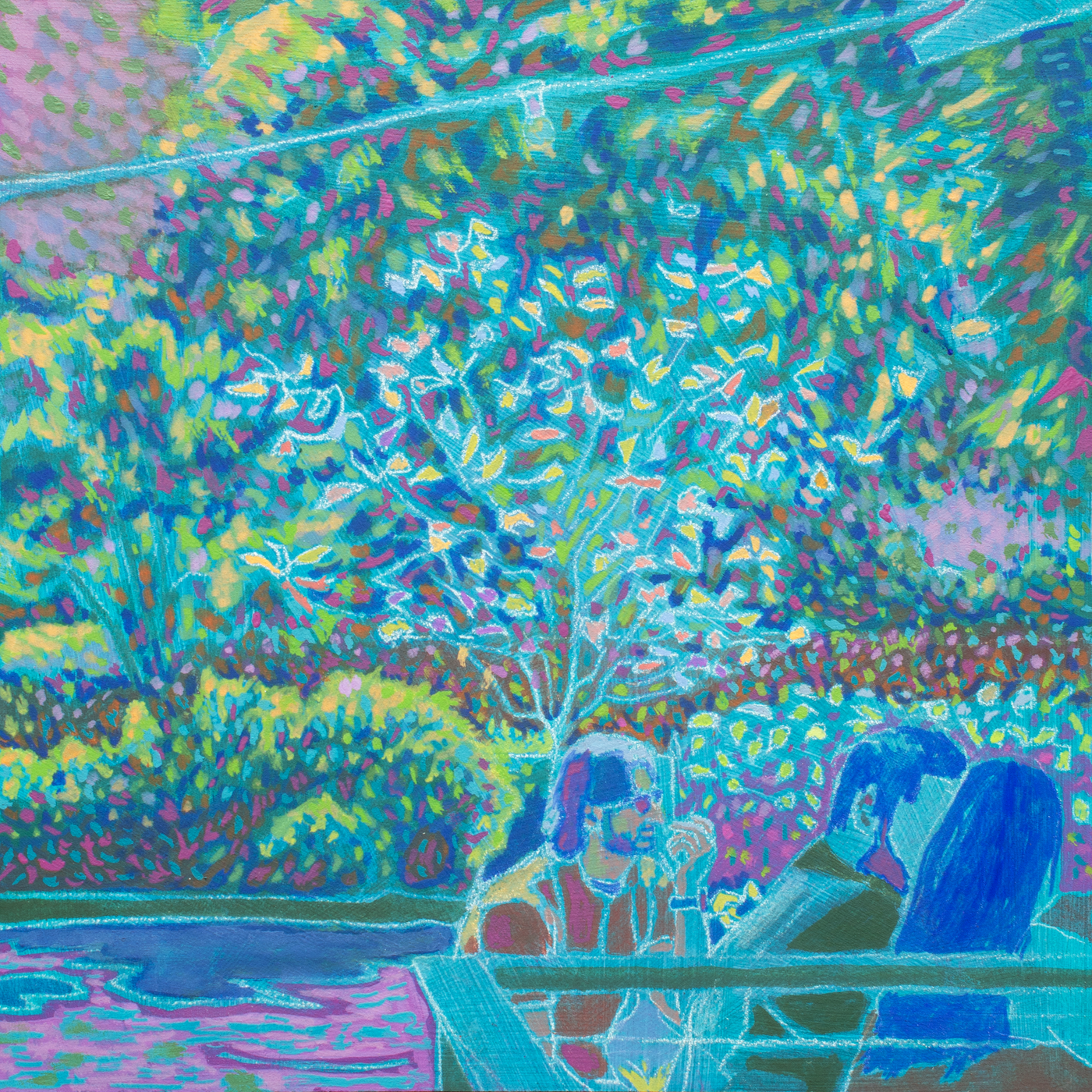 An abstract digital painting of a river surrounded by lush foliage in bright yellow, pink, and purple hues.