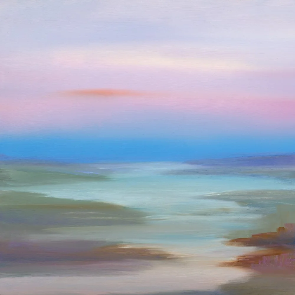 Abstract painting of a seascape with water, distant land, and sky in soft pastel colors.