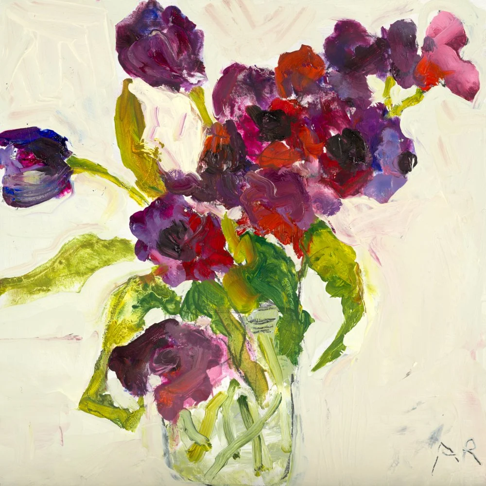 An impressionistic painting of a potted plant with orange and green leaves on a light background.