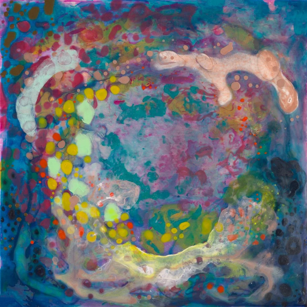 Abstract painting with green, yellow, black, and pink swirling colors and dot patterns.