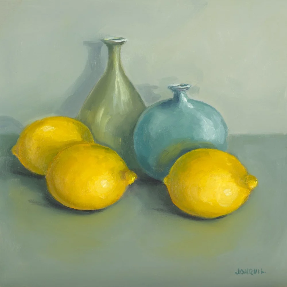 Painting of two peaches and four cherries on a light blue surface with a light background.