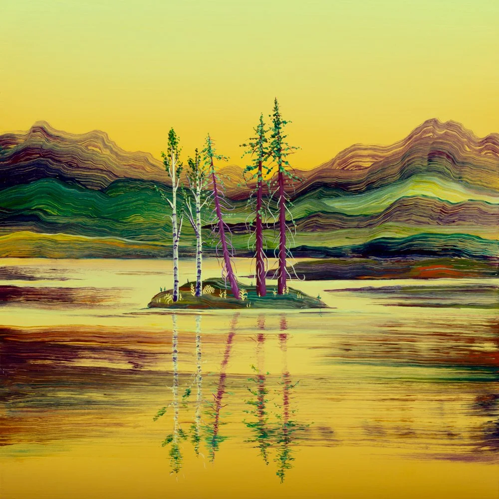 An illustration of an open window with purple frame and green vines hanging, showing a landscape of blue mountains, rolling green hills, and a clear sky with a crescent moon.